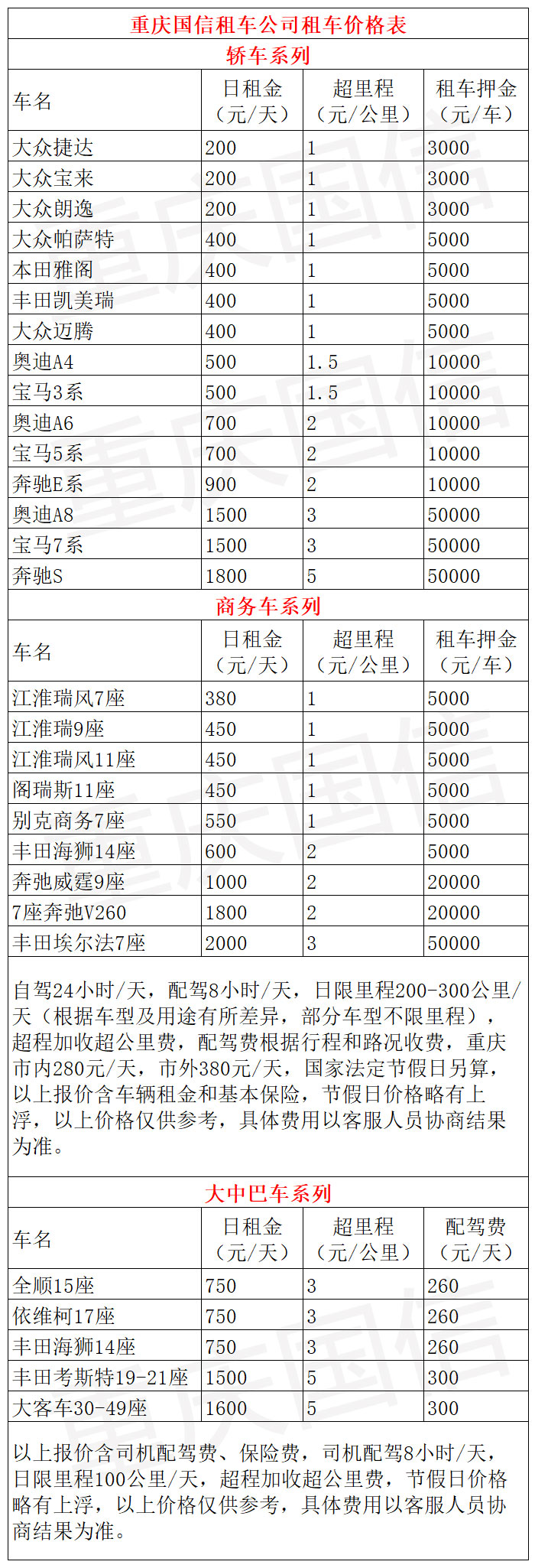 重慶商務會議租車價格表