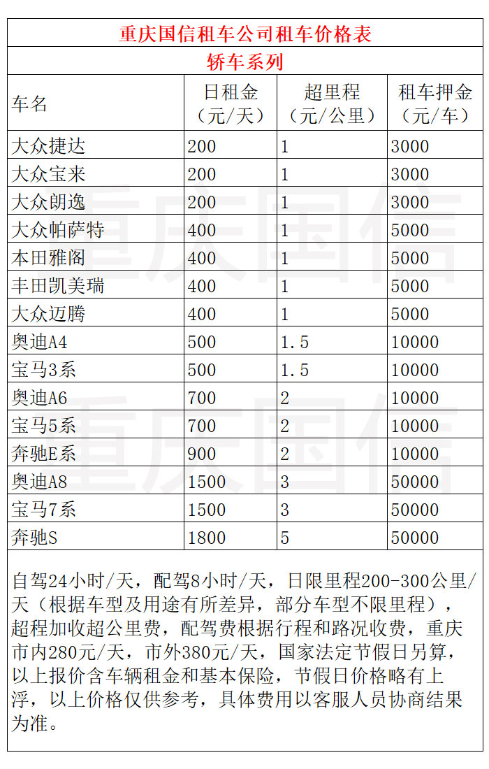 重慶租車小轎車價格表
