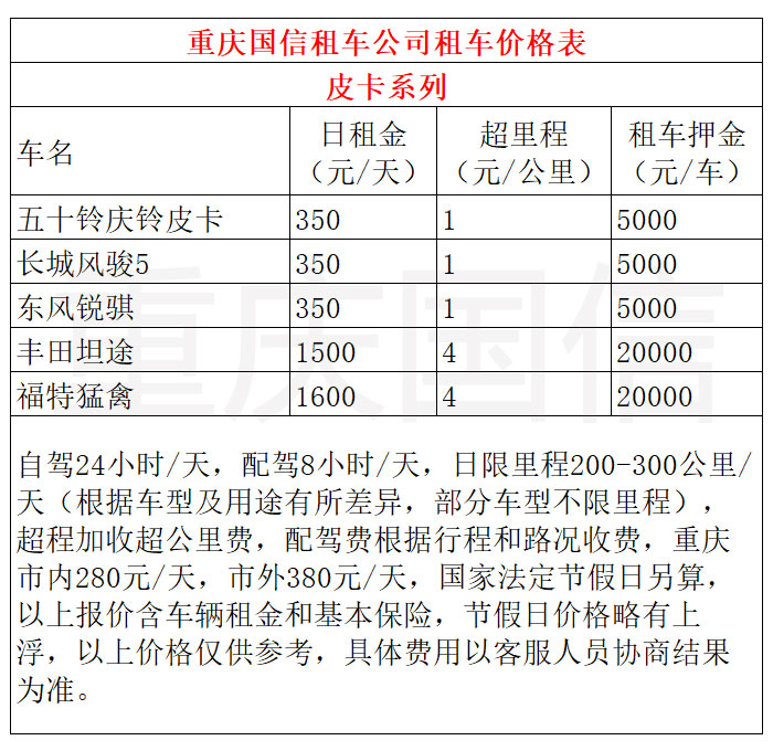 重慶租皮卡車價格表