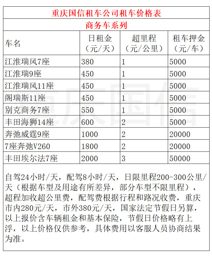 重慶租商務車自駕價格表